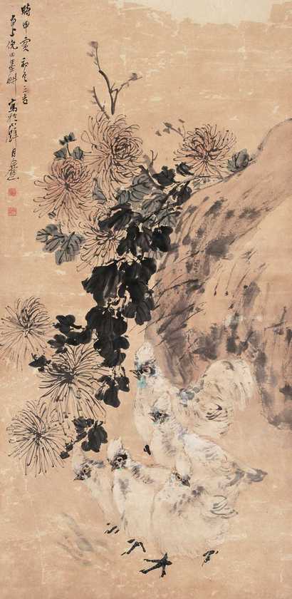 倪田 五德图 立轴